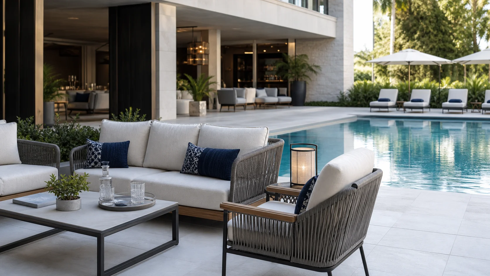 Contemporary woven lounge furniture beside an outdoor pool