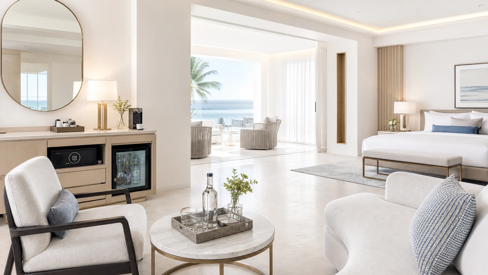 Bright coastal hotel suite with a lounge, bedside lighting and integrated room amenities