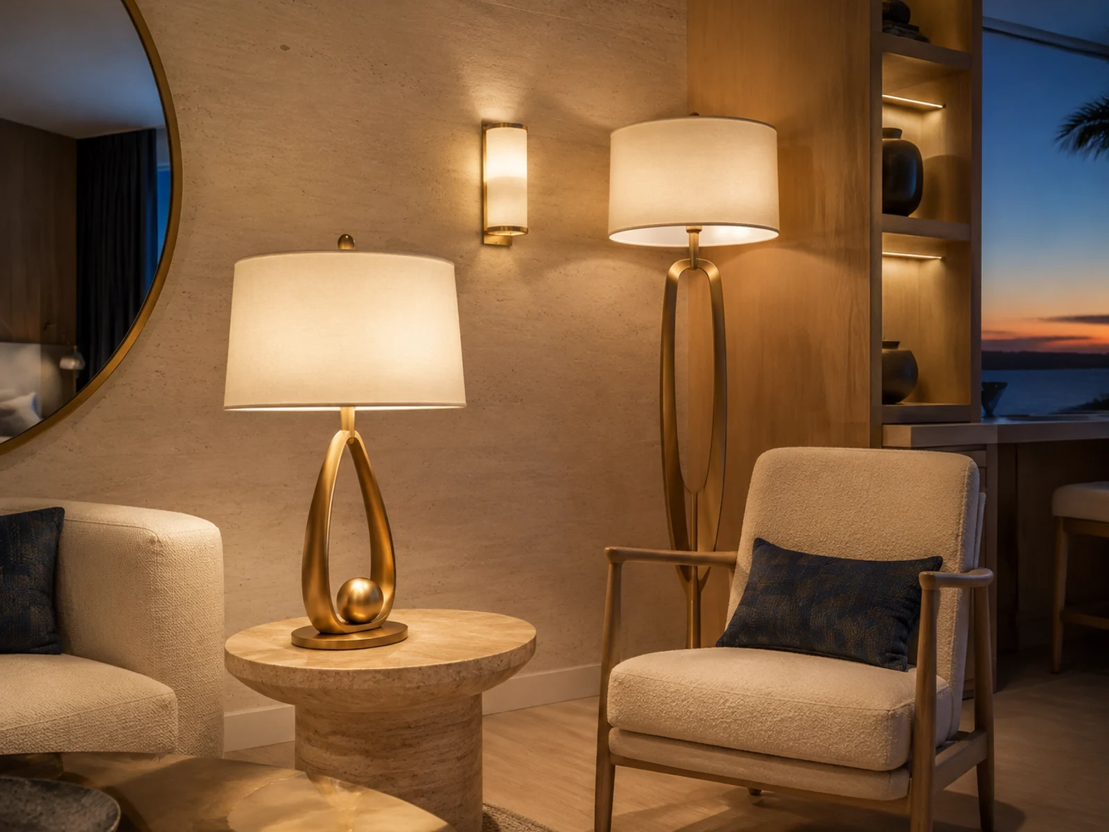 A warmly lit hotel lounge with sculptural brass table and floor lamps