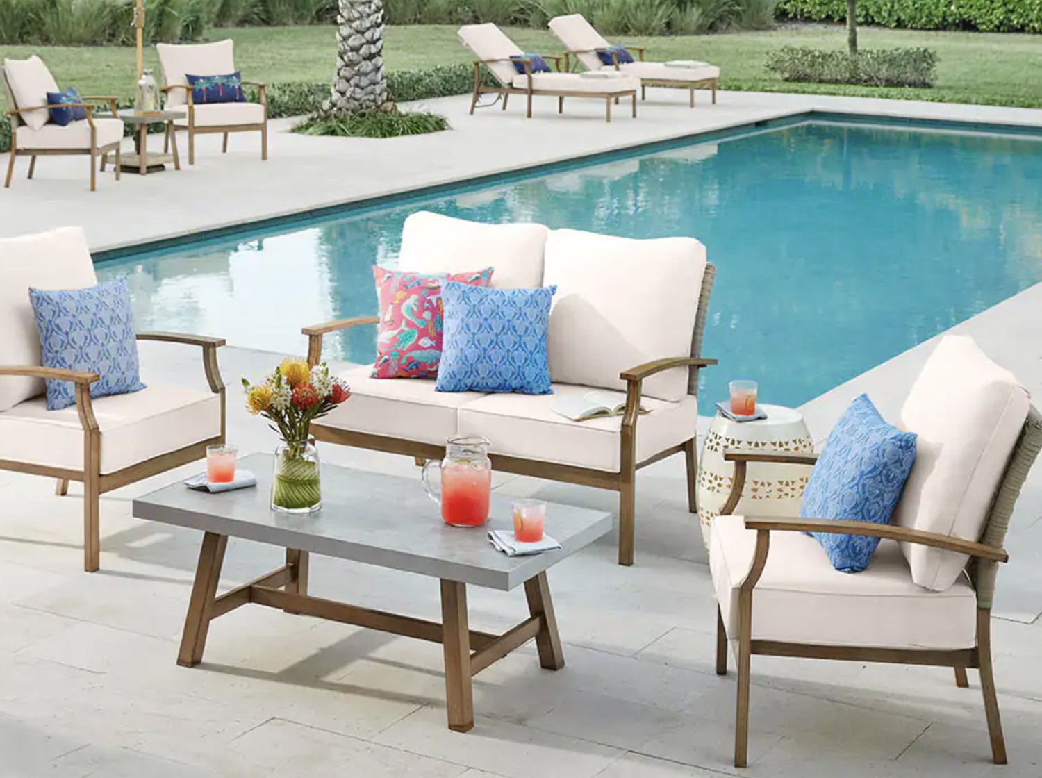 Poolside lounge area at a resort hotel